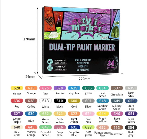 Acrylic Dual Dip Marker Set – 36 Pack – Double - Tip Paint Markers with Fine & Brush Tips – Waterproof, Quick - Dry Acrylic Ink – Ideal for Rock Painting, DIY Crafts, Canvas, Wood, and Glass - Simply Everyday Products