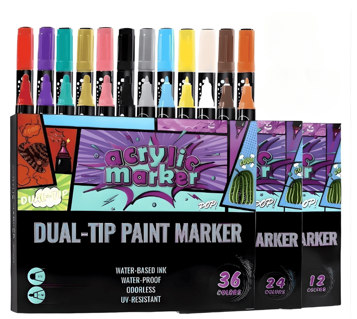 Acrylic Dual Dip Marker Set – 36 Pack – Double - Tip Paint Markers with Fine & Brush Tips – Waterproof, Quick - Dry Acrylic Ink – Ideal for Rock Painting, DIY Crafts, Canvas, Wood, and Glass - Simply Everyday Products