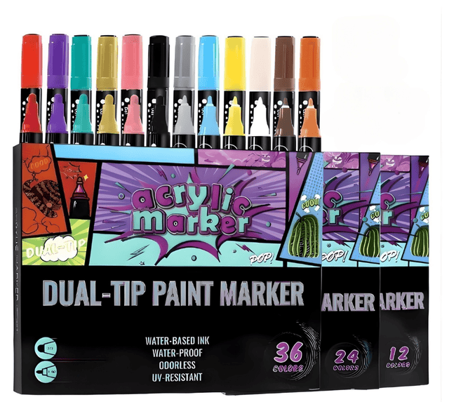 Acrylic Dual Dip Marker Set – 36 Pack – Double - Tip Paint Markers with Fine & Brush Tips – Waterproof, Quick - Dry Acrylic Ink – Ideal for Rock Painting, DIY Crafts, Canvas, Wood, and Glass - Simply Everyday Products