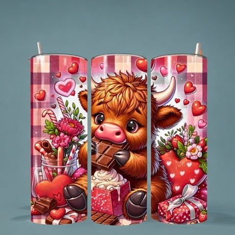 Alpha Custom Printing Tumbler 20oz with Lid, Straw, and Rubber Bottom – Highland Cow Valentine's Day Tumbler Wrap – Funny Cow Design - Simply Everyday Products