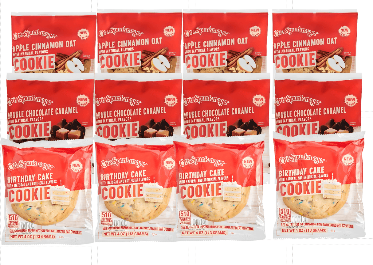 Otis Cookies Variety 12 - Pack - 4 Birthday Cake, 4 Apple Cinnamon Oats, 4 Double Chocolate Caramel - Gourmet Cookie Assortment - Simply Everyday Products