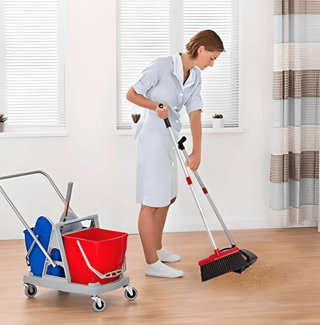 Title: Broom and Dustpan Set Red and Black – Upright Standing Broom with Long Handle & Clip - On Dust Pan – Indoor/Outdoor Cleaning Tool for Home, Office, Kitchen, and Floor Sweeping - Simply Everyday Products