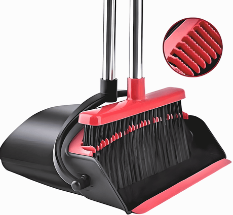 Title: Broom and Dustpan Set Red and Black – Upright Standing Broom with Long Handle & Clip - On Dust Pan – Indoor/Outdoor Cleaning Tool for Home, Office, Kitchen, and Floor Sweeping - Simply Everyday Products
