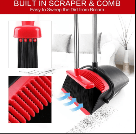 Title: Broom and Dustpan Set Red and Black – Upright Standing Broom with Long Handle & Clip - On Dust Pan – Indoor/Outdoor Cleaning Tool for Home, Office, Kitchen, and Floor Sweeping - Simply Everyday Products