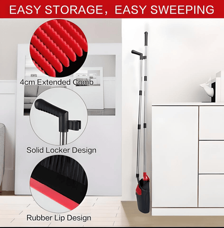 Title: Broom and Dustpan Set Red and Black – Upright Standing Broom with Long Handle & Clip - On Dust Pan – Indoor/Outdoor Cleaning Tool for Home, Office, Kitchen, and Floor Sweeping - Simply Everyday Products